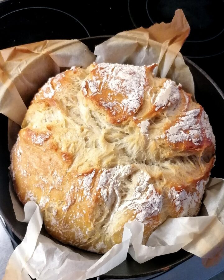 baked loaf of artisanal bread in cast iron pot