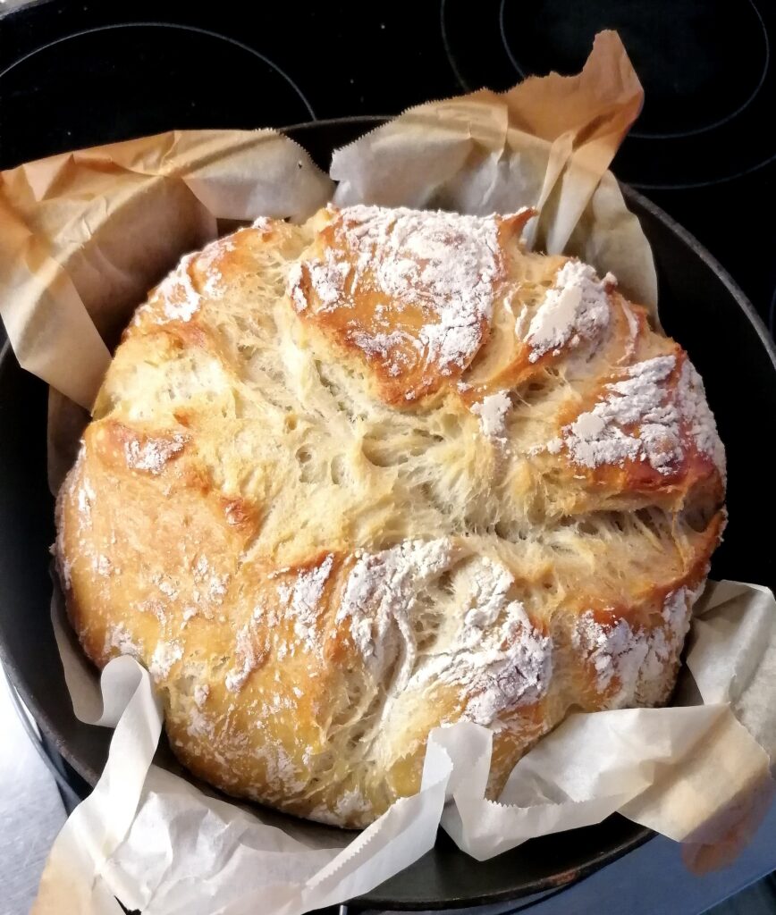 baked loaf of artisanal bread in cast iron pot